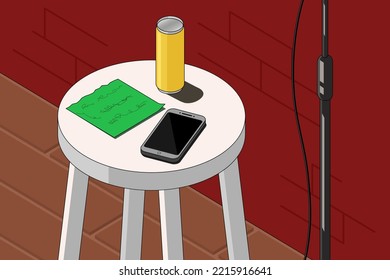 Bar Chair, Microphone Stand At Stand Up Comedy Event. Sheet With Notes, Can Of Drink, Smartphone Lie On Stool. Stand-up Attributes.