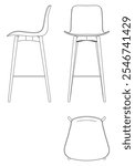 Bar Chair, Bar stool editable vector illustration on white background. chair Line art, clip art, Fancy Chair, Hand-drawn design elements with Front, Side, and Top Views