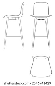 Bar Chair, Bar stool editable vector illustration on white background. chair Line art, clip art, Fancy Chair, Hand-drawn design elements with Front, Side, and Top Views