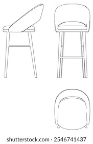 Bar Chair, Bar stool editable vector illustration on white background. chair Line art, clip art, Fancy Chair, Hand-drawn design elements with Front, Side, and Top Views