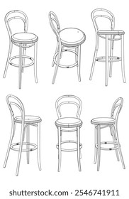 Bar chair and stool editable vector illustration  Fancy line art design, hand-drawn elements for modern bar furniture, stylish seating, and interior decor. Perfect for kitchen, lounge, or pub settings