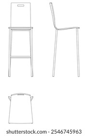 Cadeira de barra, banquinho de barra ilustração vetorial editável em fundo branco. cadeira Line art, clip art, cadeira chique, Elementos de design desenhados à mão com vista frontal, lateral e superior