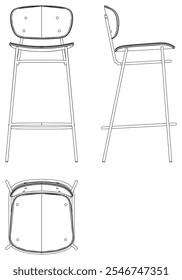 Bar Chair, Bar stool editable vector illustration on white background. chair Line art, clip art, Fancy Chair, Hand-drawn design elements with Front, Side, and Top Views