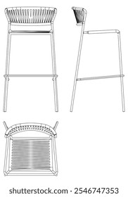 Bar Chair, Bar stool editable vector illustration on white background. chair Line art, clip art, Fancy Chair, Hand-drawn design elements with Front, Side, and Top Views