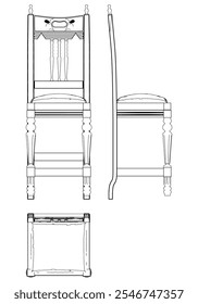 Bar Chair, Bar stool editable vector illustration on white background. chair Line art, clip art, Fancy Chair, Hand-drawn design elements with Front, Side, and Top Views