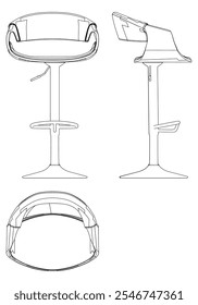 Bar Chair, Bar stool editable vector illustration on white background. chair Line art, clip art, Fancy Chair, Hand-drawn design elements with Front, Side, and Top Views