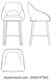 Bar Chair, Bar stool editable vector illustration on white background. chair Line art, clip art, Fancy Chair, Hand-drawn design elements with Front, Side, and Top Views