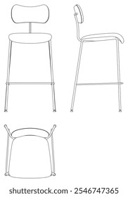 Bar Chair, Bar stool editable vector illustration on white background. chair Line art, clip art, Fancy Chair, Hand-drawn design elements with Front, Side, and Top Views