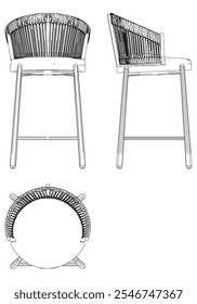 Bar Chair, Bar stool editable vector illustration on white background. chair Line art, clip art, Fancy Chair, Hand-drawn design elements with Front, Side, and Top Views