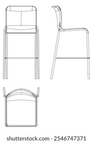 Bar Chair, Bar stool editable vector illustration on white background. chair Line art, clip art, Fancy Chair, Hand-drawn design elements with Front, Side, and Top Views