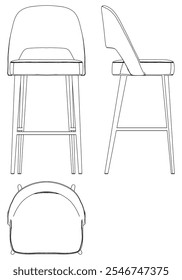 Bar Chair, Bar stool editable vector illustration on white background. chair Line art, clip art, Fancy Chair, Hand-drawn design elements with Front, Side, and Top Views