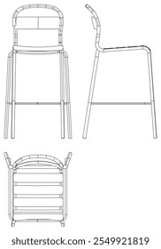 Bar Chair, Bar stool editable vector illustration on white background. chair Line art, clip art, Fancy Chair, Hand-drawn design elements with Front, Side, and Top Views