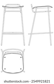 Bar Chair, Bar stool editable vector illustration on white background. chair Line art, clip art, Fancy Chair, Hand-drawn design elements with Front, Side, and Top Views