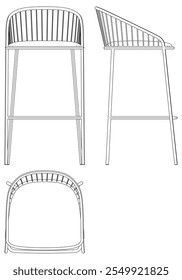 Bar Chair, Bar stool editable vector illustration on white background. chair Line art, clip art, Fancy Chair, Hand-drawn design elements with Front, Side, and Top Views