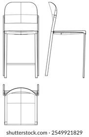 Bar Chair, Bar stool editable vector illustration on white background. chair Line art, clip art, Fancy Chair, Hand-drawn design elements with Front, Side, and Top Views