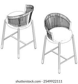 Bar Chair, Bar stool editable vector illustration on white background. chair Line art, clip art, Fancy Chair, Hand-drawn design elements with isometric Views