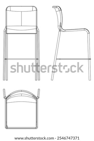 Bar Chair, Bar stool editable vector illustration on white background. chair Line art, clip art, Fancy Chair, Hand-drawn design elements with Front, Side, and Top Views