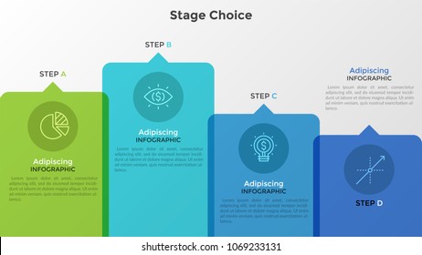 Bar chart with 4 colorful translucent columns with thin line icons and place for text inside. Comparison diagram. Modern infographic design template. Vector illustration for brochure, presentation.
