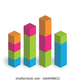 Bar chart of 4 growing columns. 3D isometric colorful vector graph. Economical growth, increase or success theme.