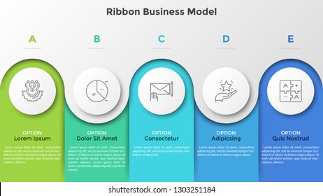 Bar chart with 5 colorful columns and paper white round elements. Ribbon business model. Five stages of project development. Modern infographic design template. Vector illustration for brochure.