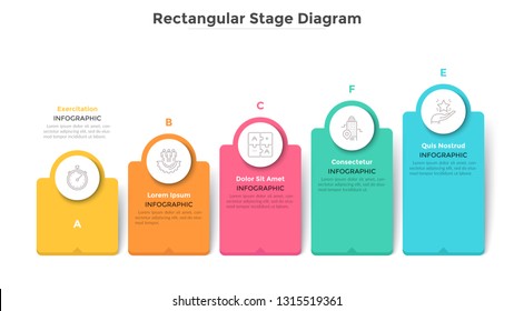 Bar chart with 5 colorful rectangular elements or columns. Ascending trend with five stages, business progress and growth visualization. Modern infographic design template. Flat vector illustration.