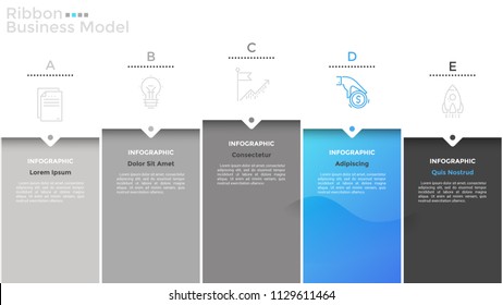 Bar chart with 5 columns, linear pictograms and place for text. Concept of ribbon business model. Infographic design template. Vector illustration for company's development strategy visualization.