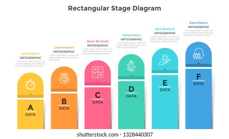 Bar chart with 6 colorful columns. Ascending trend with six stages, business development and growth visualization. Modern infographic design template. Flat vector illustration for progress report.