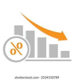 A bar chart all in a light grey color, increasing in height from right to left. An orange arrow curves downwards above the bars. A circle in the foreground contains a PERCENTAGE icon in orange.
