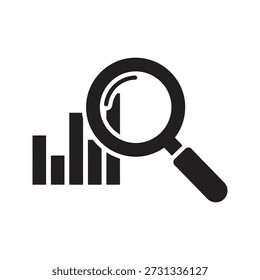 Icono de análisis de gráfico de barras con lupa para la investigación de datos, un símbolo para las estadísticas comerciales y la revisión de informes