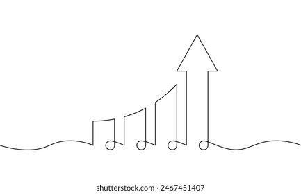 Gráfico de barras con flecha hacia arriba en dibujo de línea continua. Ilustración Vector de la gráfica. Una sola línea de crecimiento del negocio. Objeto una línea de flecha creciente