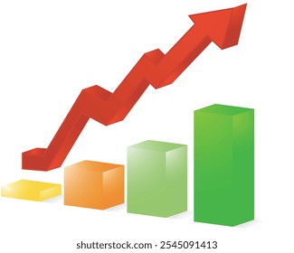 Gráfico de barras con flecha ascendente que representa el crecimiento de un negocio, moneda o acciones aisladas sobre un fondo transparente