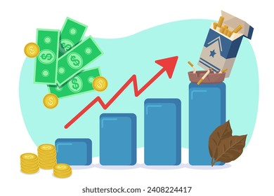 Gráfico de barras con flecha arriba mostrando el aumento de los precios de los cigarrillos. Ilustración vectorial. Billetes, monedas y paquetes de cigarrillos, hojas de tabaco. Aumento de los precios del tabaco, lucha contra el tabaco