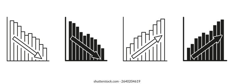 Bar Chart With Arrows Line And Solid Icon Set. Financial Growth And Decline Trend Analysis Symbol Collection. Economic Performance Indicators. Isolated Vector Illustration. - Powered by Shutterstock - Get 15% off with code: PIKWIZARD15