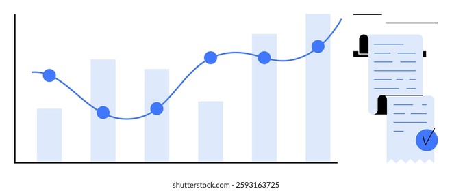 Bar chart with ascending light blue bars, a blue trend line with dots, and documents with checkmarks. Ideal for data analysis, business growth, financial reports, market trends, and investment
