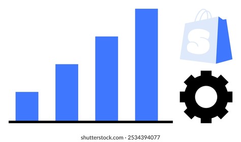 Bar chart in ascending order, shopping bag with a letter, and gear icon. Ideal for business growth, e-commerce, data analysis, market trends, and productivity tools. Simple flat style