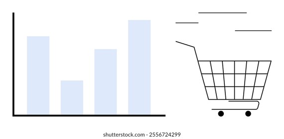 Bar chart beside an outlined shopping cart. Ideal for data analysis, market trends, consumer behavior, business growth, retail analytics. Minimalist style