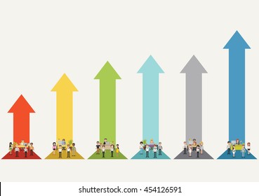 Bar chart with business people working with computer. Office workspace with desks. Hierarchy chart. Infographic design.