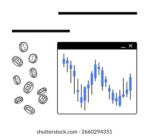Bar chart with candlestick patterns inside a browser window, surrounded by falling dollar coins. Ideal for financial analysis, stock trading, investment strategy, economic reports, market research