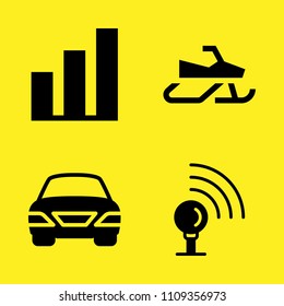 bar chart, car, wifi and snowmobile vector icon set. Sample icons set for web and graphic design