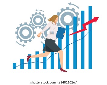 Bar chart of Caucasian businessmen and sales. Multiple gears, 8 tall women. Image of business infographics.