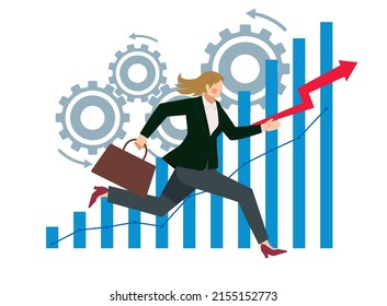 Bar chart of Caucasian businessmen and sales. Multiple gears, 8 tall women. Image of business infographics.