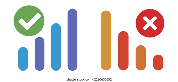 Bar Chart With Check Marks, Bar Chart With Cross Marks. Set Of Graph And Chart Icons For Boom And Bust. Vectors.