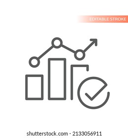 Bar chart with checkmark line vector icon. Data analysis arrow up outlined symbol.