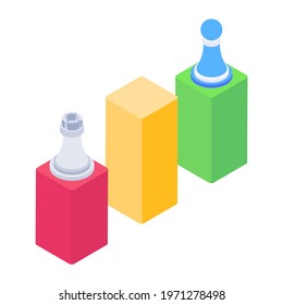 Bar chart with chess, isometric design of business strategy icon