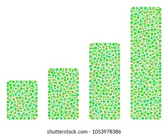 Bar Chart collage of round dots in different sizes and green color tints. Small circles are grouped into bar chart vector collage. Ecological vector illustration.