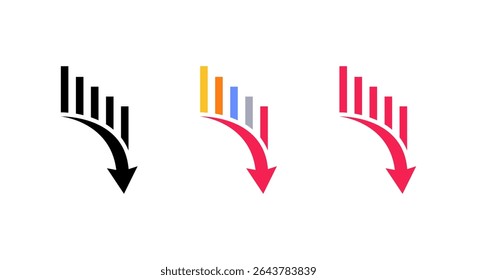 Bar chart collapse icon with downward arrow. Decline and negative trend sign symbol