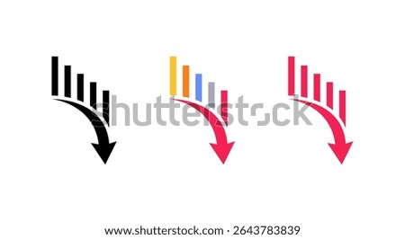 Bar chart collapse icon with downward arrow. Decline and negative trend sign symbol