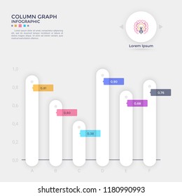 Bar chart or comparison diagram with rounded paper white columns placed on horizontal axis, number or fraction indication and place for text. Creative infographic design template. Vector illustration.