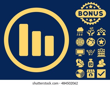 Bar Chart Decrease icon with bonus pictures. Vector illustration style is flat iconic symbols, yellow color, blue background.