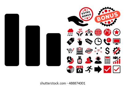 Bar Chart Decrease pictograph with bonus pictures. Vector illustration style is flat iconic bicolor symbols, intensive red and black colors, white background.